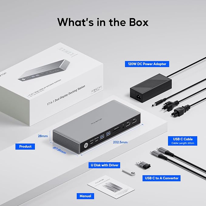 Displaylink Docking Station, USB C DisplayLink Dock Dual Displays for MacBook M1/M2/M3/M4 Windows, 4K@60Hz Displaylink Dock with 2 HDMI, 2 Display Port, 2USB C Data, 6 USBA, Ethernet, Audio