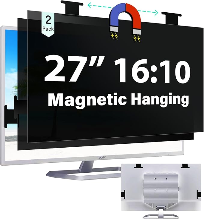 [2 Pack] Magnetic 27 Inch Computer Privacy Screen for 16:10 Aspect Ratio Widescreen Monitor, Hanging Eye Protection Anti Glare Blue Light Computer Monitor Privacy Filter, Removable 27in Protector Film
