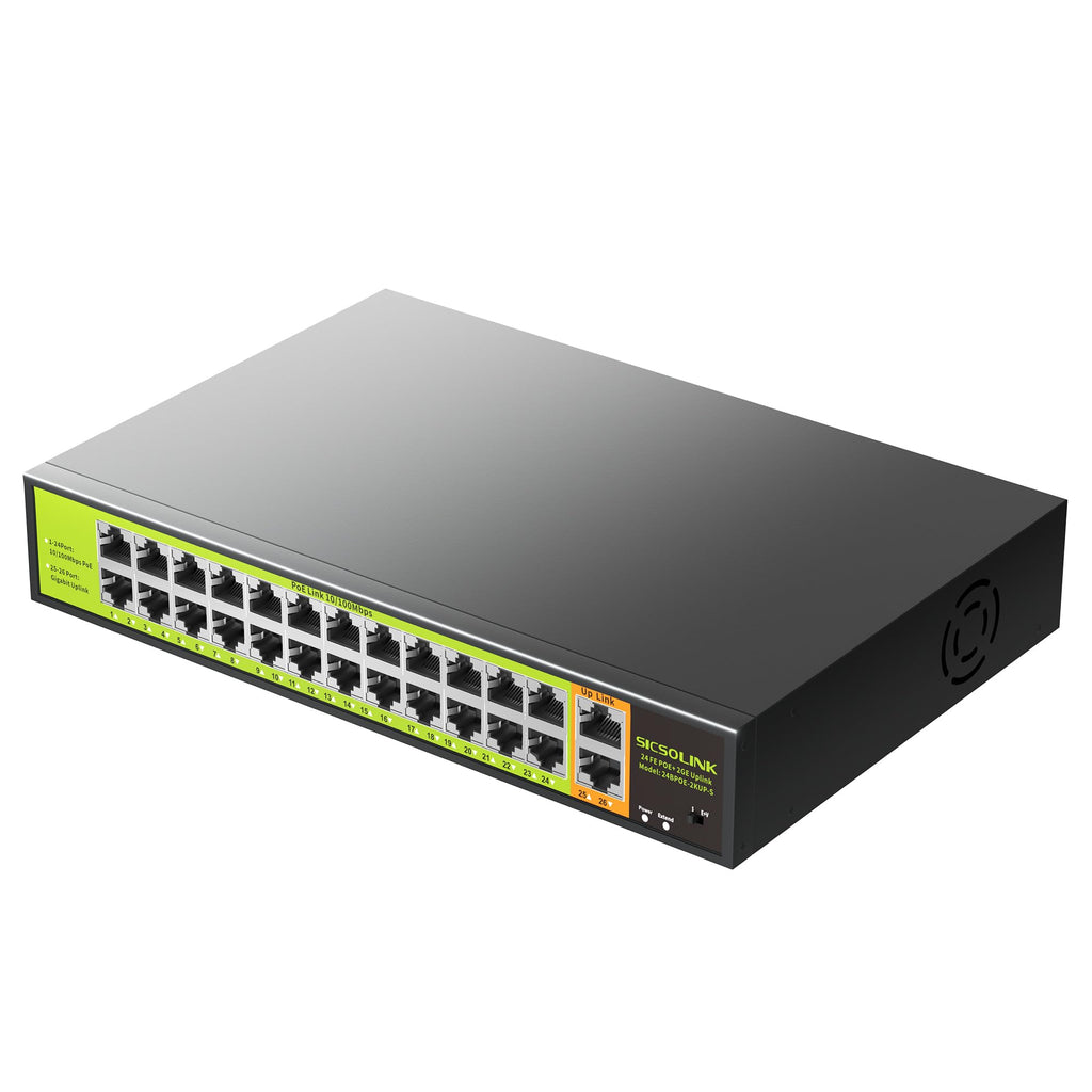 24 Port PoE+ Switch 2 Gigabit Uplink 400W Rack Mount Unmanaged IEEE 802.3af/at Extend 250M for IP Cameras AP VoIP Phones 6KV Lightning Protection