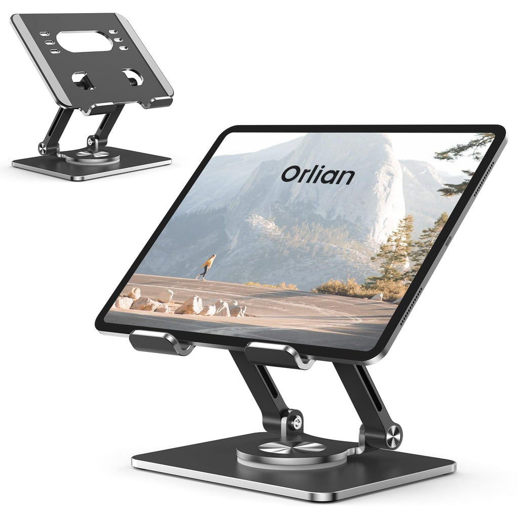 Orlian Tablet Stand Holder with Thickened 360°Rotating Base Dual Rod Adjustable 5.8-12.9”Aluminum Stand