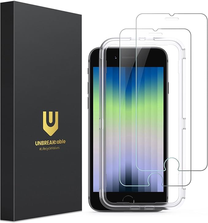 UNBREAKcable Protective Glass for iPhone SE 2022/2020, Pack of 2 Screen Protector for iPhone SE 2020/8/7/6/6s, [9H Hardness], 2.5D Double Defense Series Screen Protector, Scratch-Resistant,