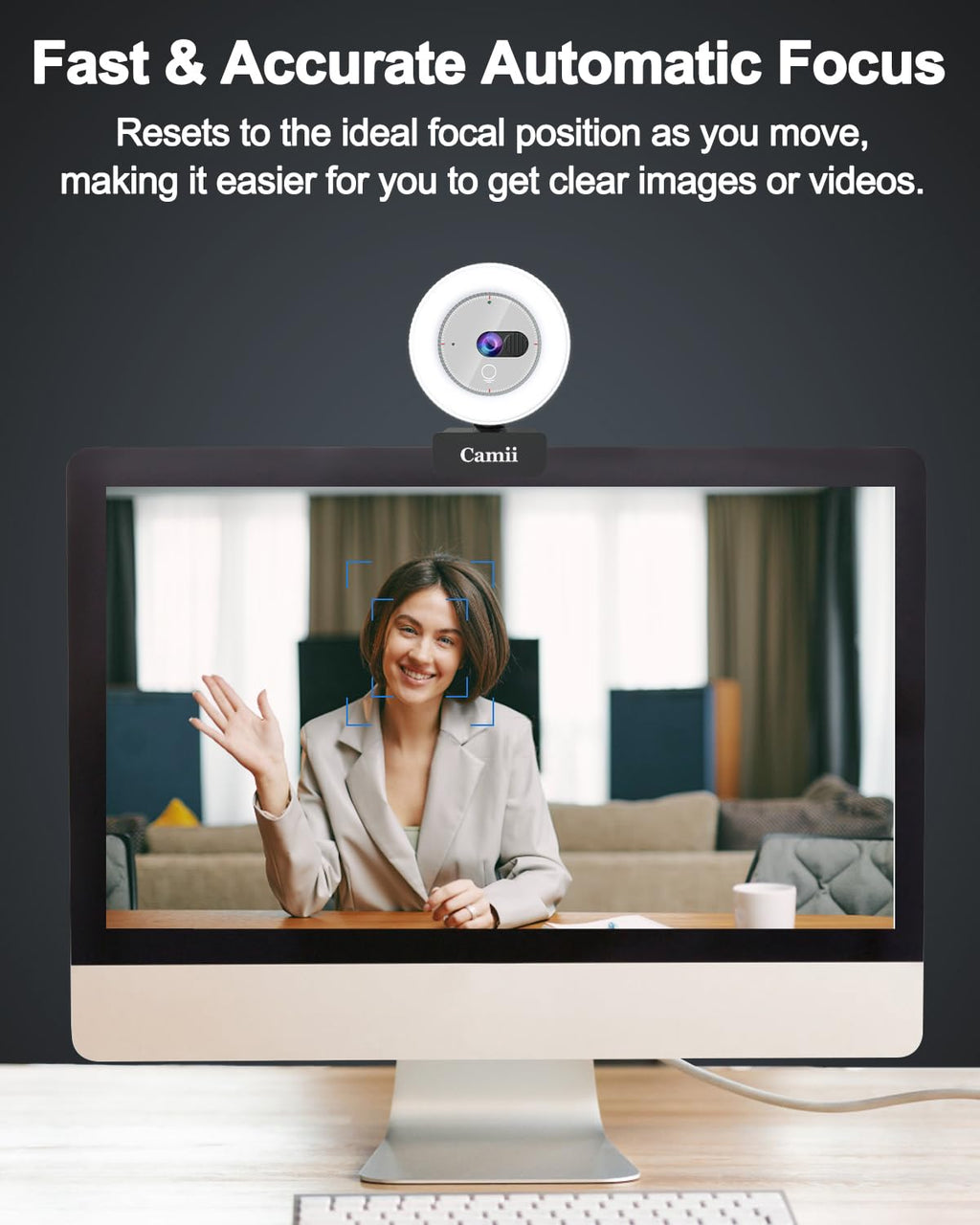 Camii 2K Webcam with Light, HD Webcam for PC with Built-in Privacy Cover, Adjustable Brightness, Noise Reduction Mics, for Zoom Skype Teams Laptop and Google Meet