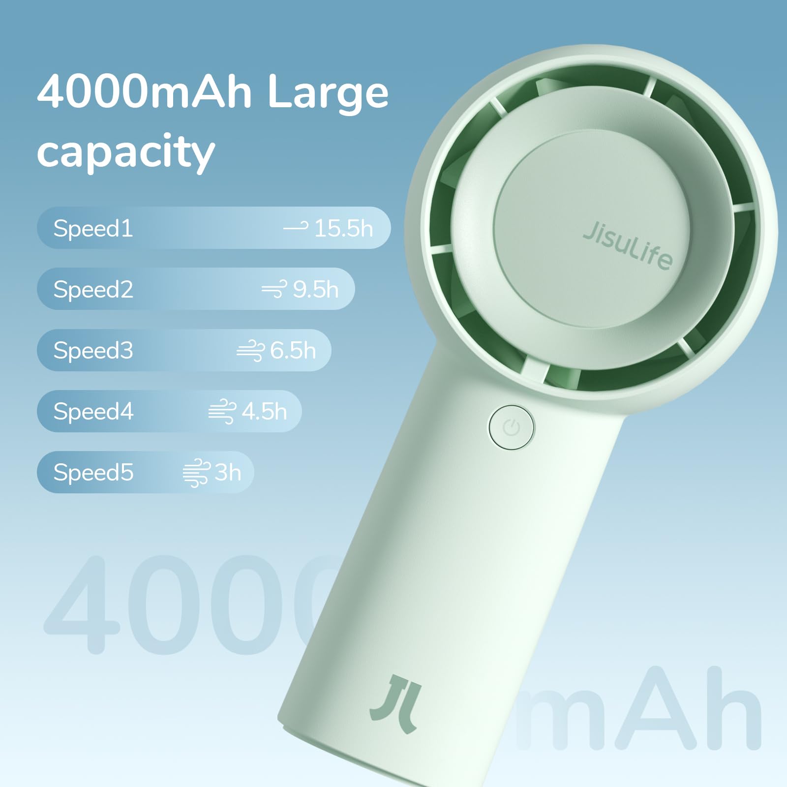 JISULIFE Portable Handheld Turbo Fan Rechargeable 4000mAh 5-Speed (Green)