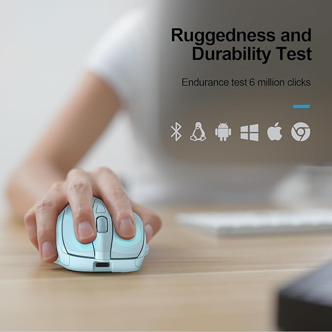 TECKNET Wireless Mouse (BT5.0/3.0 & 2.4G) Rechargeable 4800 DPI Silent USB A & Bluetooth Mouse 6 Buttons, Wide Compatibility - Lightblue