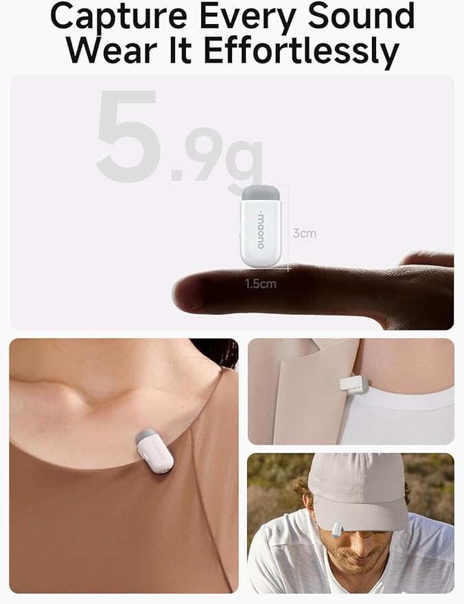 MAONO Wave T1 Mini Wireless Lavalier Microphone for iPhone 16 15 Android Tablet with USB-C Plug, Noise Cancellation, AI Voice Filter, 30H Used with Charging Case for Video Recording TikTok-White