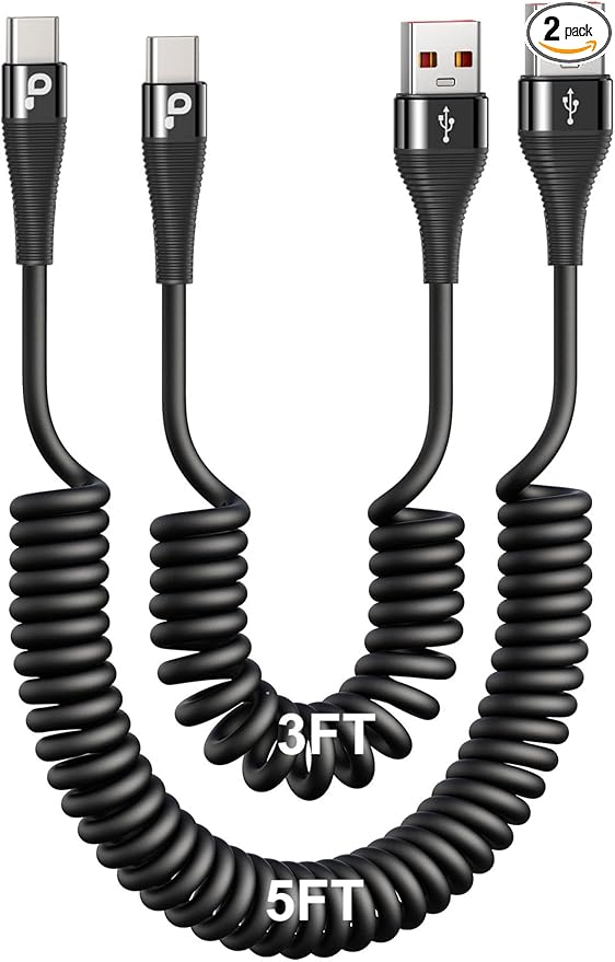 PRAKIE Coiled USB C Cable Fast Charging for Car 3FT/5FT, USB A to USB C Cable, Type C Charge Cord USB-C Charging Cable Compatible with iPhone 16/15/Samsung Galaxy S20 and More USB C Devices-Black