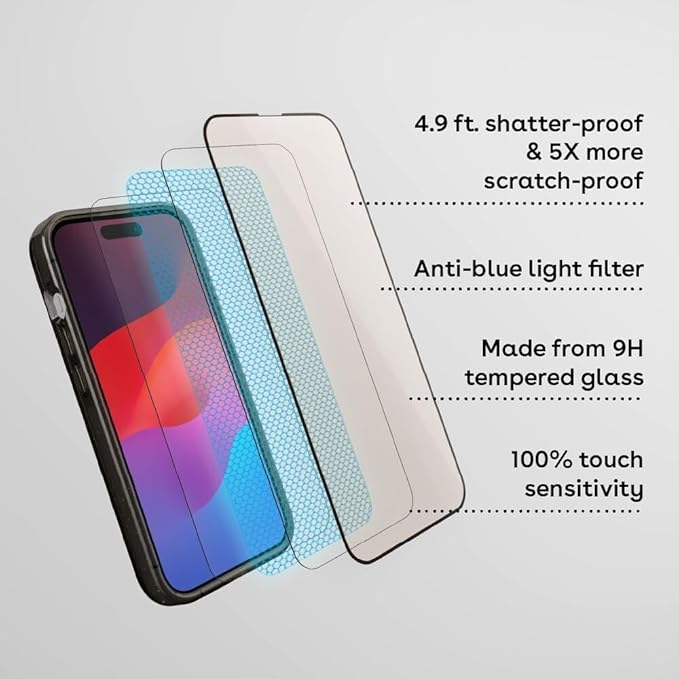 CASETiFY Impact Anti-Blue Light Screen Protector [Strengthened 9H aluminosilicate glass, applicator included] for iPhone 16 Pro