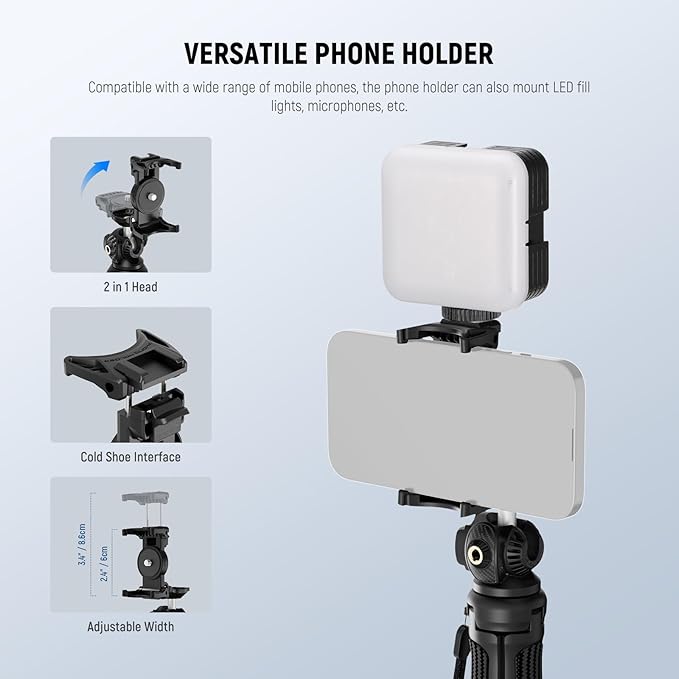 NEEWER TP38 Phone Camera Tripod, 15" Extendable Selfie Stick Metal Stand with Phone Holder, Action Camera Adapter Compatible with Hero 12 11 10 9, 360° Ball Head Travel Tripod for Vlogging