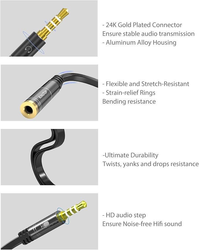 KINGTOP Headset Splitter, 3.5mm Headphone Mic Splitter Cable for Headset with Separate Stereo Audio & Microphone Jacks (Not for Dual Audio Jacks)