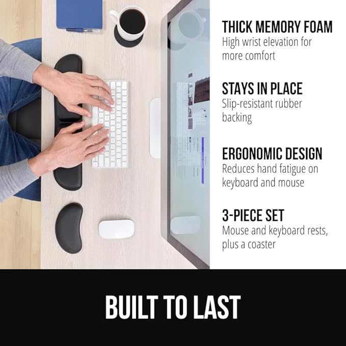 GORILLA GRIP Silky Gel Memory Foam Keyboard Wrist Rest for Computer and Mouse Pad, Ergonomic Design Typing Support, Desk Office Supplies, Hand & Arm Mousepad Cushion and Coaster, 3 Piece Set, Black