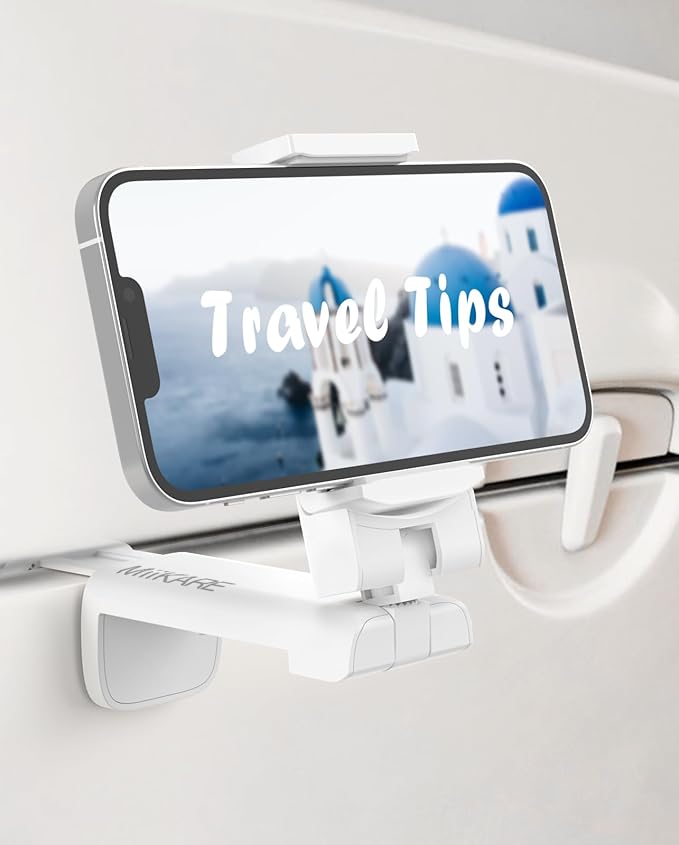 MiiKARE Airplane Travel Essentials Phone Holder, Universal Handsfree Phone Mount for Flying with 360 Degree Rotation, Accessory for Airplane, Travel Must Haves Phone Stand for Desk, White
