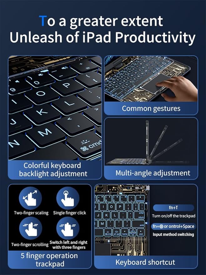 KARTICE Transparent 360 Keyboard Case with Wireless Keyboard for iPad Air 11 Inch 2024, 10.9" iPad Air 5th/4th, 11" iPad Pro 4/3/2/1 360° Rotating Stand