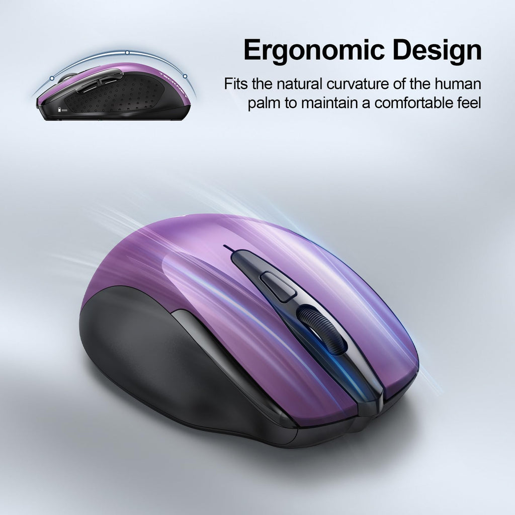 TECKNET Wireless Mouse, BT 5.0/2.4G, Silent 4800 DPI 6 Buttons, Purple