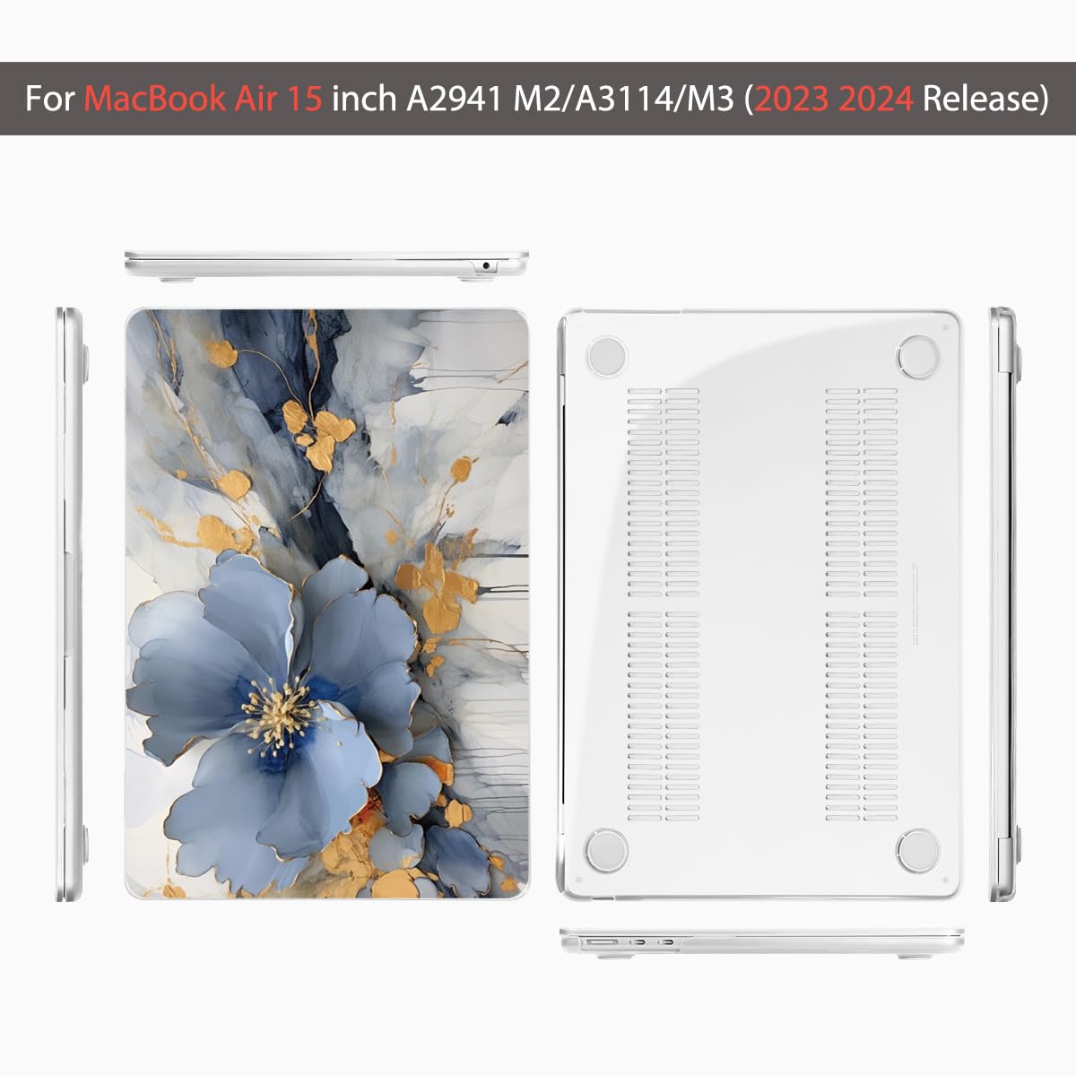 Teryeefi Compatible with A2941 M2/A3114 M3 MacBook Air 15 inch CaseRelease 2023 2024,Design Protective Slim Cover + Keyboard Cover + OTG Adapter for 15.3 inch MacBook Air Liquid Retina, Art Florals