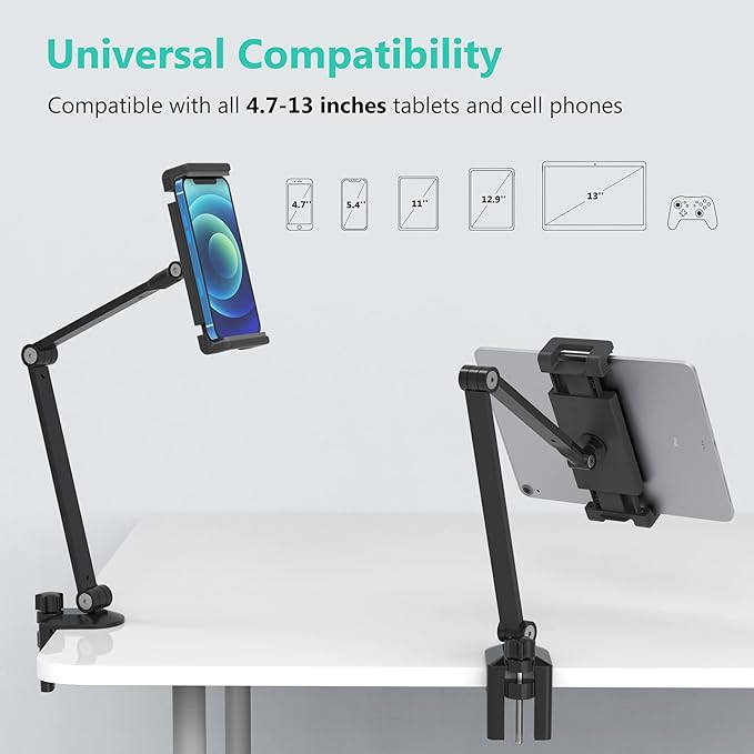 iPad Desk Mount, Tablet Holder, Multi-Angle Adjustable Tablet Stand for 4.7''- 13'' Screen Microsoft Surface Pro Series, iPad Series(Black)