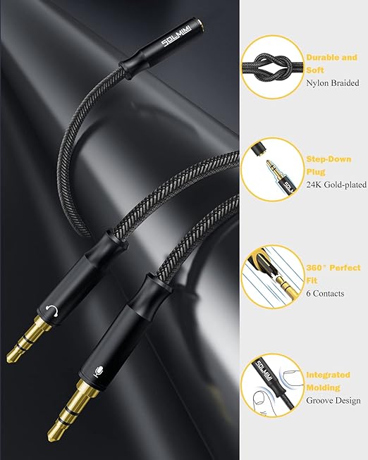 Headset Splitter Cable for PC 3.5mm Crystal-Nylon Braid Female to Dual 3.5mm TRS Male Headphone Mic Audio Y Splitter Cable CTIA Gaming Headset to PC Adapter - Matte Black 0.3M
