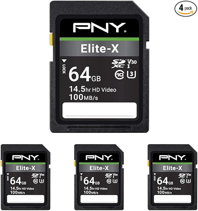 PNY 64GB Elite-X Class 10 U3 V30 SDXC Flash Memory Card - 100MB/s, Class 10, U3, V30, 4K UHD, Full HD, UHS-I, Full Size SD (Pack of 4)
