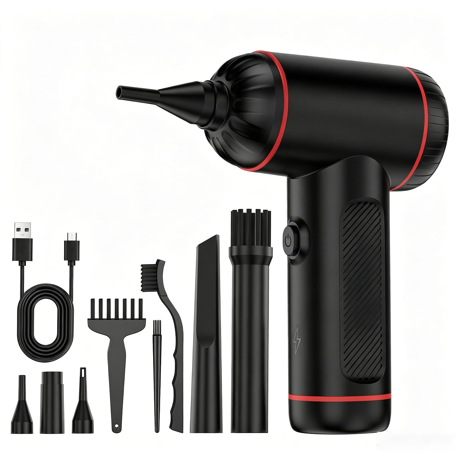 Compressed Air Duster, 100000RPM Handheld Car Vacuum/Air Blower& Pump, 3 Gear Adjustable Electric Air Duster/Car Vacuum Cleaner, Keyboard Duster with LED Light-10 Kits Air Blower for Computer(Black)