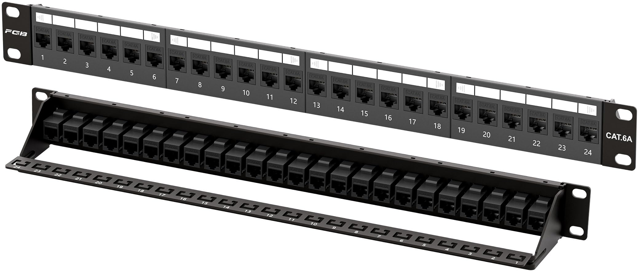 FGB 24 Port Cat6A Keystone Patch Panel, 19" Rackmount or Wall Mount, 1U with Back Bar, Network Patch Panel for Gigabit Ethernet