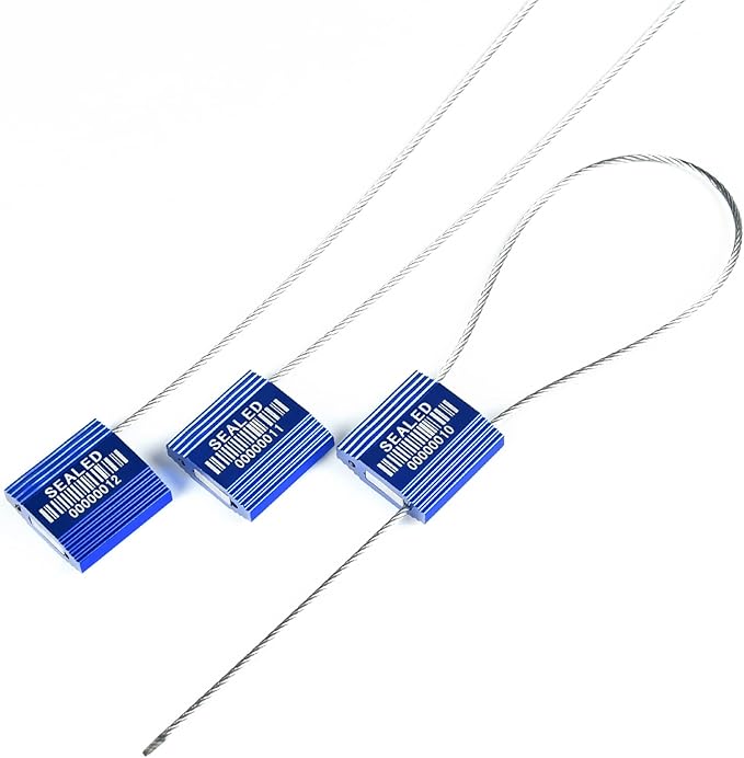 100 Blue Steel Cable Seals with Barcode - High Security Numbered Truck Seals - Anti-Tamper Pull Tite Self-Locking Safety Ties - ISO 17712
