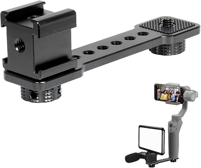 3 Port Cold Shoe Mount Plate for Camera LED Monitor Microphone etc., Aluminum Camera Triple Cold Shoe Extension Bracket Compatible with DJI OSMO Mobile 7P/67/SE, Zhiyun 5S/4/ Feiyu Gimbal Stabilizer