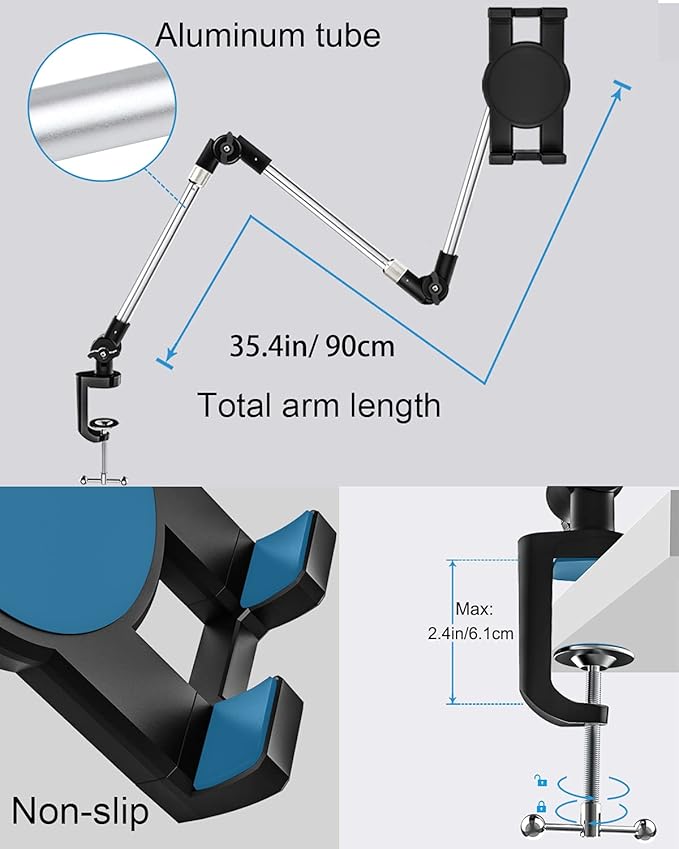 Tablet Holder for Desk Clamp 360° Phone iPad Mount, 35" Adjustable Arm Tablet Stand for Bed, Aluminum Flexible Webcam Camera Clip for iPad Pro 12.9 Air Mini, Tabs, Switch, iphone, 4.7-13" Device/Gopro