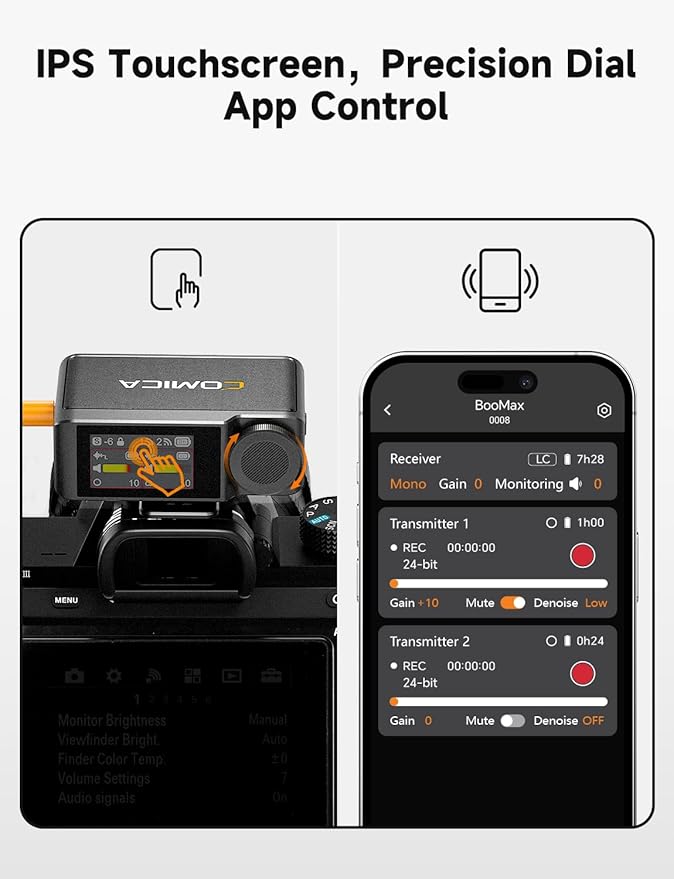COMICA BooMax Wireless Lavalier Microphone System, 32-Bit Float Mic with 32GB Internal Recording, Touchscreen, Noise Cancellation, Dual Lapel Mics for iPhone, Android, DSLR, Camera, Video, Streaming