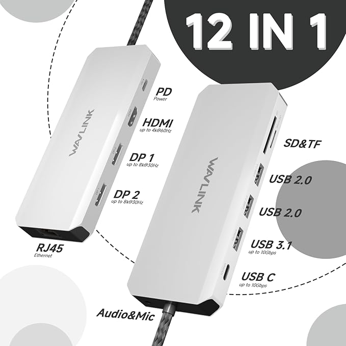 Docking Station Dual Monitor, WAVLINK Displayport Docking Station with Dual DP, HDMI, 100W PD in, 10Gbps USB A/C, 2.5G Ethernet Port for Dell/HP/Lenovo etc, Windows Systerm Computer Only