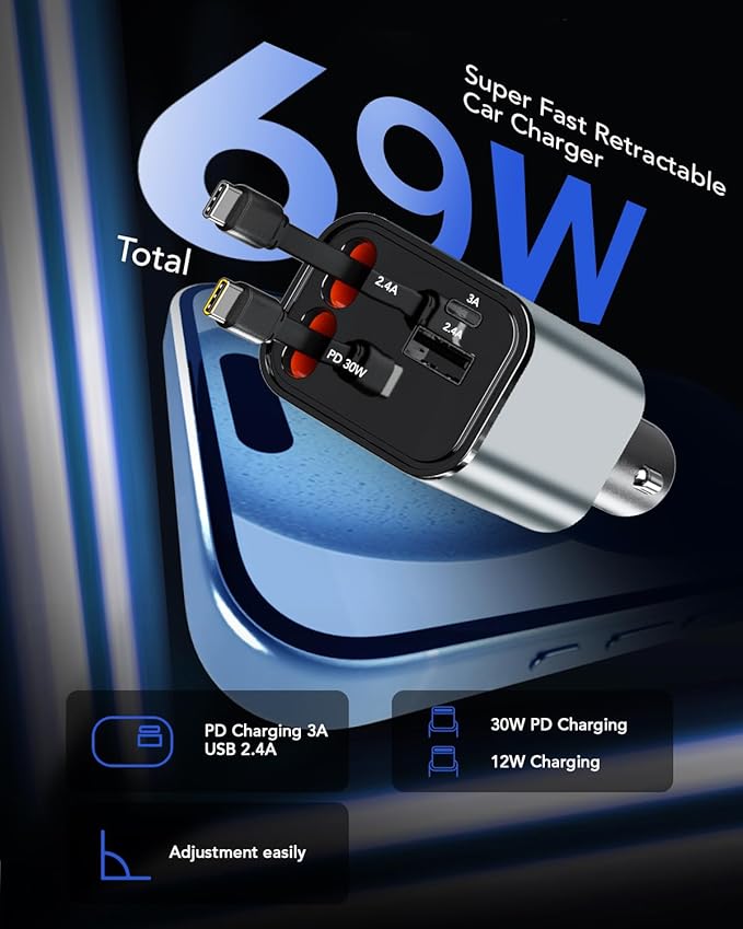 Retractable Car Charger, 4 in 1 Fast Car Phone Charger 66W, 2 Retractable Cables and 2 USB Port, Compatible with iPhone 16/15/14/13/12/11,Galaxy,Pixel