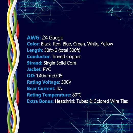 Fermerry 24 AWG Solid Core Wire Spool 50ft Each 6 Colors Flexible 24 Gauge Hook up Wire Kit Electrical Tinned Copper Wire PVC