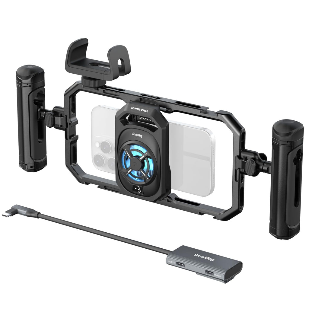SMALLRIG All-in-One Cooling Dual Handle Phone Cage Kit for iPhone 17/16/Android, 15W Active Cooler & 4-in-1 USB-C Hub, Universal Compatibility 2.5-3.1" Phones, for Live Streaming- 5276