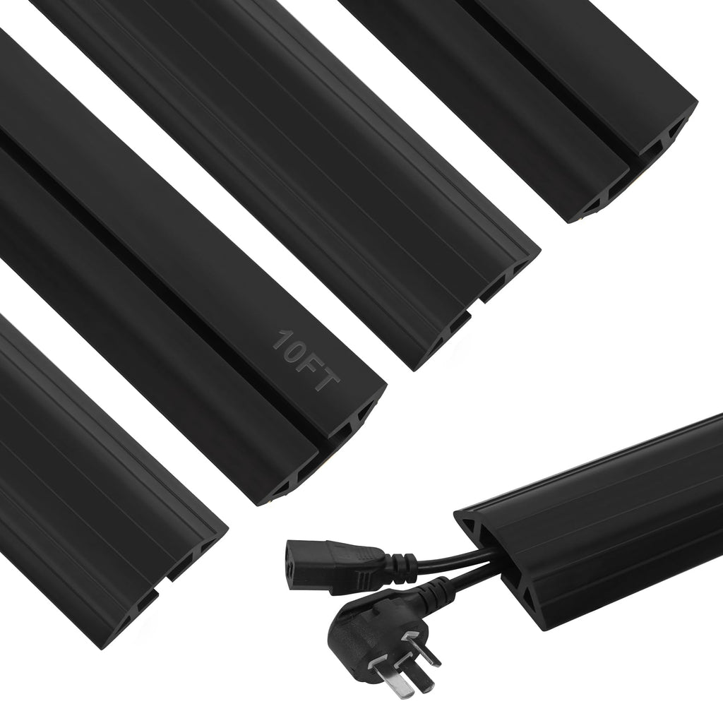 Floor Cable Cover 10Ft 2Pcs Heavy Duty PVC Cable Protector Electric Cord Hider Management Strip Extension Cord Covers Raceway for Wires Inner Channel 1.36" W x 0.43" H - Black