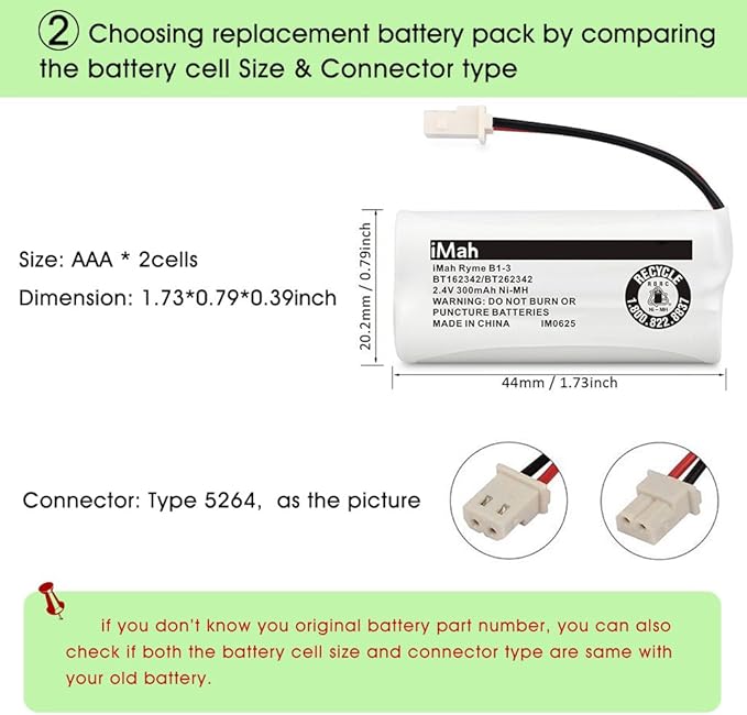 iMah Ryme B1-3 BT162342 BT262342 2.4V 300mAh Ni-MH Cordless Telephone Batteries Compatible with AT&T CL81101 EL5210 EL52400 VTech CS6409 CS6419 CS6429 CS80100 Handset, Pack of 4
