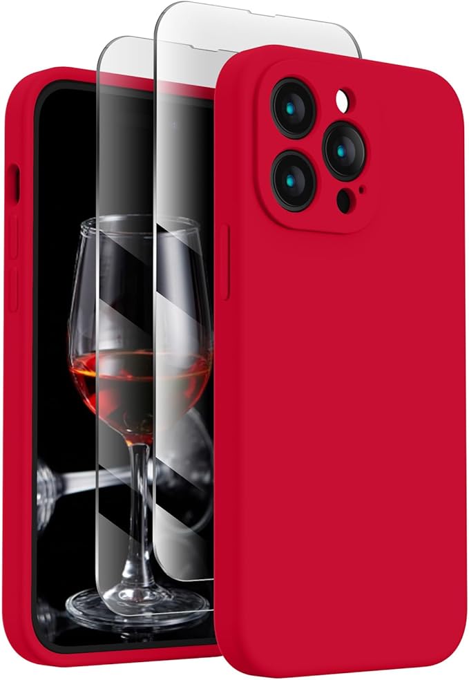 FireNova for iPhone 14 Pro Case, Silicone Upgraded [Camera Protection] Phone Case with [2 Screen Protectors], Soft Anti-Scratch Microfiber Lining Inside, 6.1 inch, Deep Red