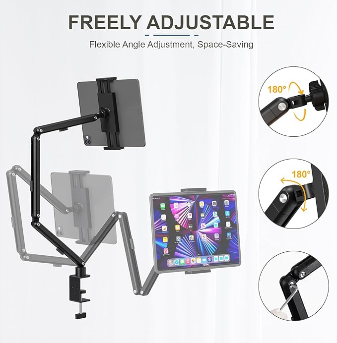 Tablet Stand Holder, Foldable iPad Holder Arm with 360°Rotate Base, Tablet Desk Mount with Magnetic and Clamp, iPad Stand for Desk, Compatible with Tablets, Phones or Other 4.7-15.6" Devices