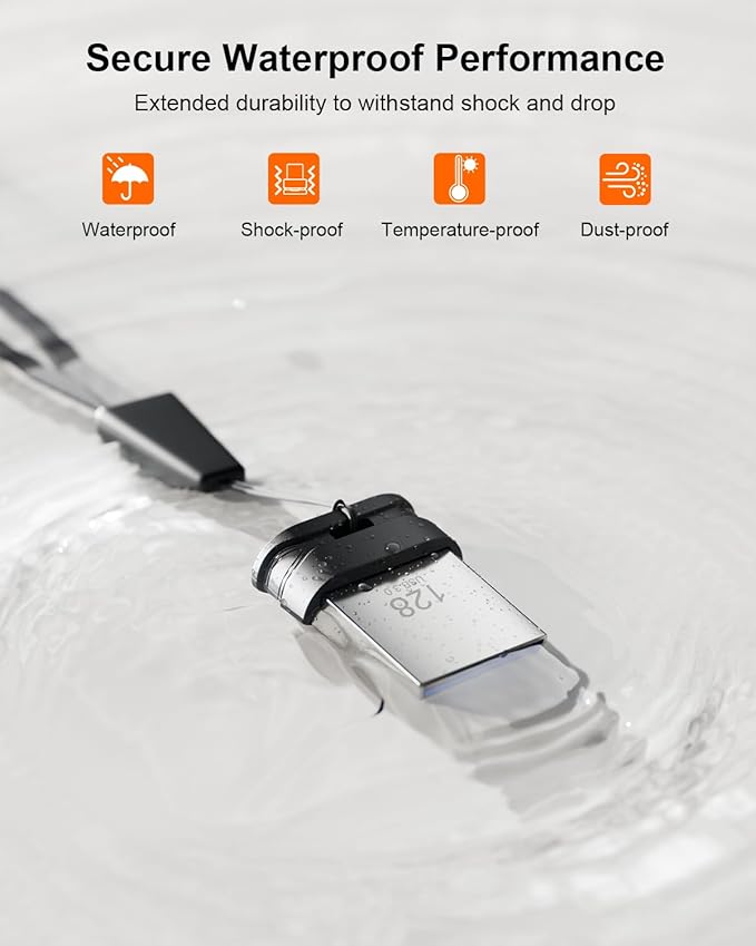 128GB USB 3.0 Flash Drive, Mini Thumb Drive Waterproof Memory Stick with Lanyard Hole Plug and Play Portable USB Stick Storage for Computer Laptop Smart TV, Black