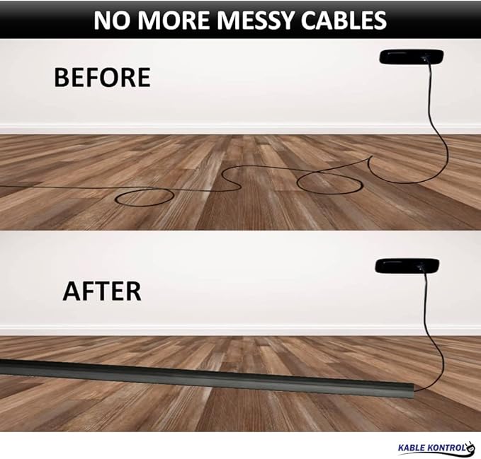 Kable Kontrol Floor Cord Cover kit - 6 Feet Long Black Plastic Cable Protector, Hides Cords and Conceals Wires, for Extension Cord Cable Management, Channel Size 0.75” W x 0.43” H