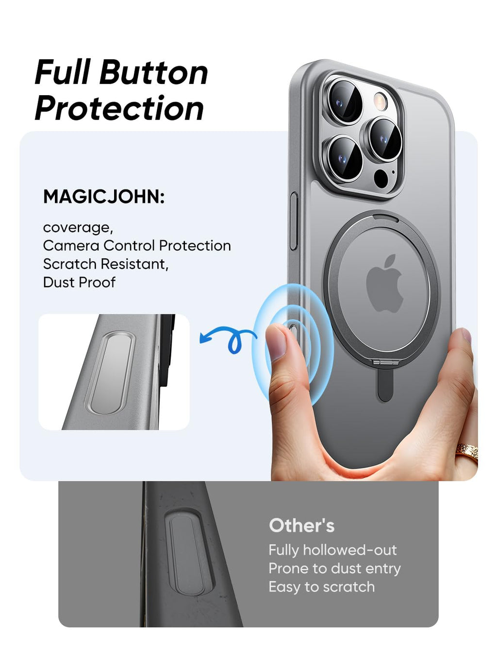MAGIC JOHN 360° Rotatable Magnetic Invisible Stand for iPhone 16 Pro Case [Camera Control Button] [Compatible with MagSafe] 16FT Shockproof for iPhone 16 Pro Case with Kickstand, Gray