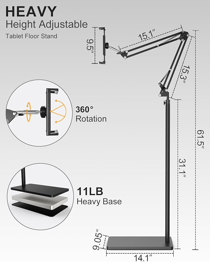 Tablet Floor Stand with 11lb Stable Base & Desk Clamp, Adjustable Height Stretchable Arm Swivel Dual Holder, Compatible with iPhone, iPad Pro Air Mini, Galaxy Tab, Kindle, Phones (4.5''-13'')