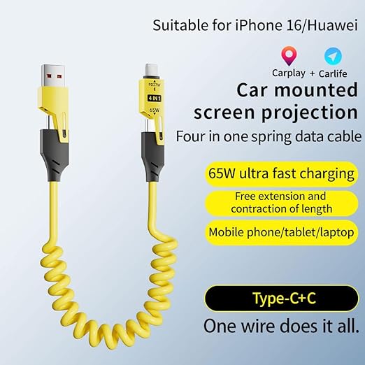 4 in 1 Spring Fast Charging Cable (2Pack), 65W USB-C PD Multi Fast Charging, 1.2m/4ft Coiled Retractable Cable for iPhone Samsung Laptop - Yellow+Green