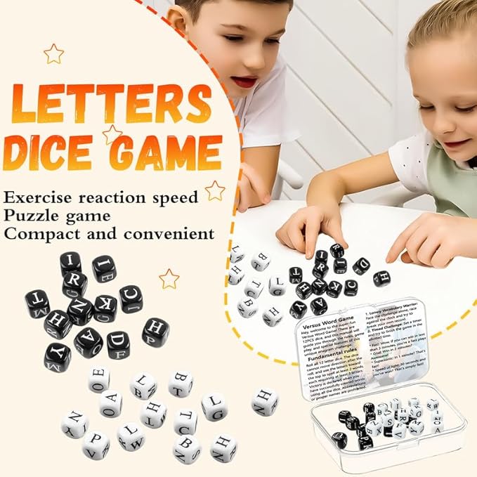 24 Pcs Dice Set, The Crossword Solitaire Game, 6 Sided Dice Crossword Creative Game, Two-Player Parent-Child Interactive Family English Letter Dice Games for Kids Adults