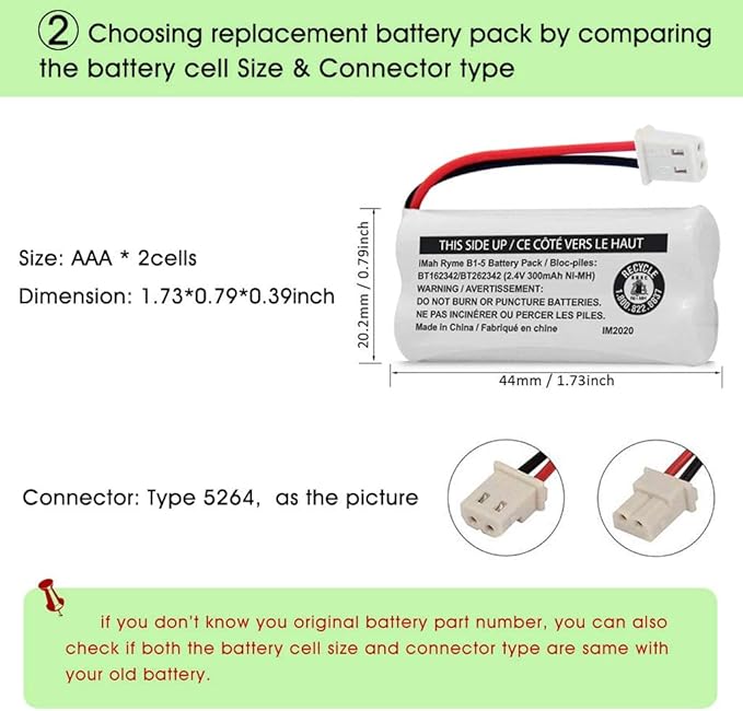 iMah BT162342/BT262342 2.4V 300mAh Ni-MH Cordless Phone Battery Pack, Also Compatible with BT183342/BT283342 AT&T EL52351 TL90070 VTech CS5119 DS6511 DS6722 LS6305 Handset, 4-Pack