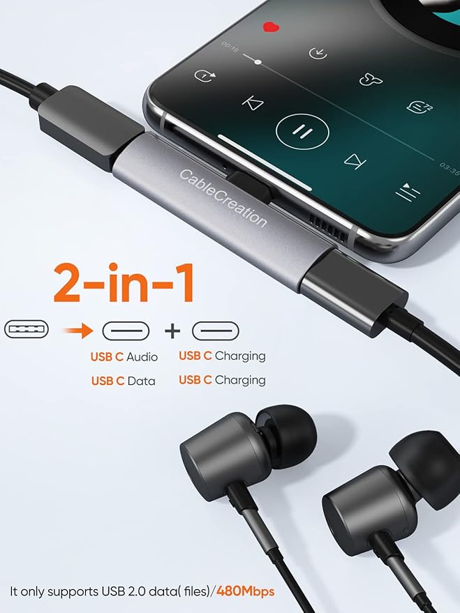 CableCreation USB C Splitter, 2-in-1 USB C Audio and PD Charging Adapter, Type C Aux Cord Compatible with New iPad Pro, MacBook, iPhone 16 15, Galaxy S9/S10/S20/S21 Ultra/S22/S23/S24, Pixel 9/8/7/6+