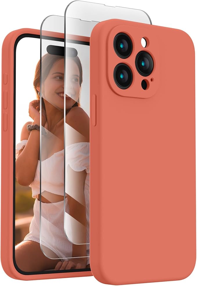 FireNova Designed for iPhone 15 Pro Max Case, Silicone Upgraded [Camera Protection] Phone Case with [2 Screen Protectors], Soft Anti-Scratch Microfiber Lining Inside, 6.7 inch, Pink Pomelo