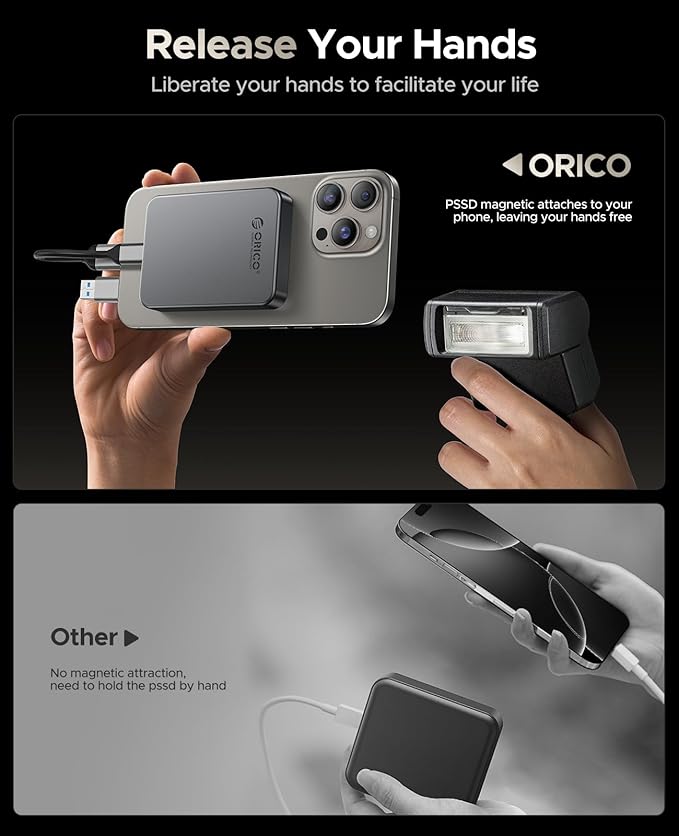 ORICO 256GB Magnetic Portable SSD, Metal Body, 4K 120 fps ProRes HDR Record and Store, Up to 460MB/s, USB C&A 2 in 1 Cable, External SSD Compatible with iPhone 16 Pro Max, Tablet, Computer - K5PLUS