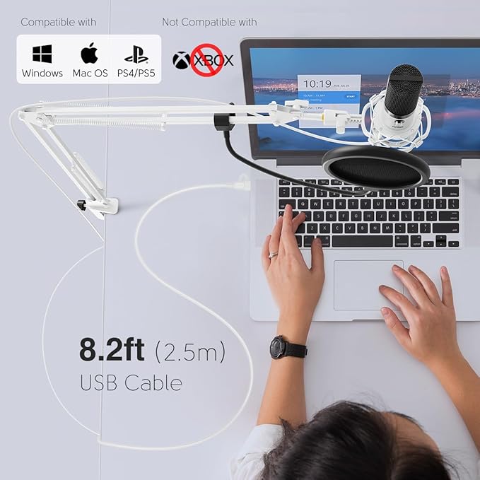 FIFINE USB Recording Microphone Kit, Studio Condenser Microphone for Vocals Music Creation, Voice-Over, Singing with Metal Boom Arm, 16mm Diaphragm, Podcast Mic Set-T669 White