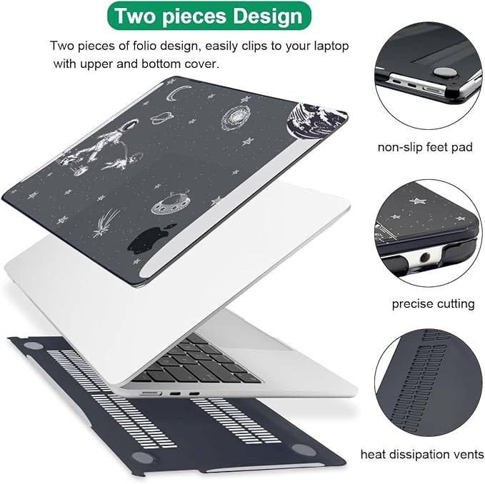 for MacBook Air 13.6 inch Case 2025 2024 2023 2022 Release M4 A3240 M3 A3113 M2 A2681, Black Printed Plastic Hard Shell Case Cover for Mac Air 13.6 M4 Chip Touch ID, Astronauts Space Dog