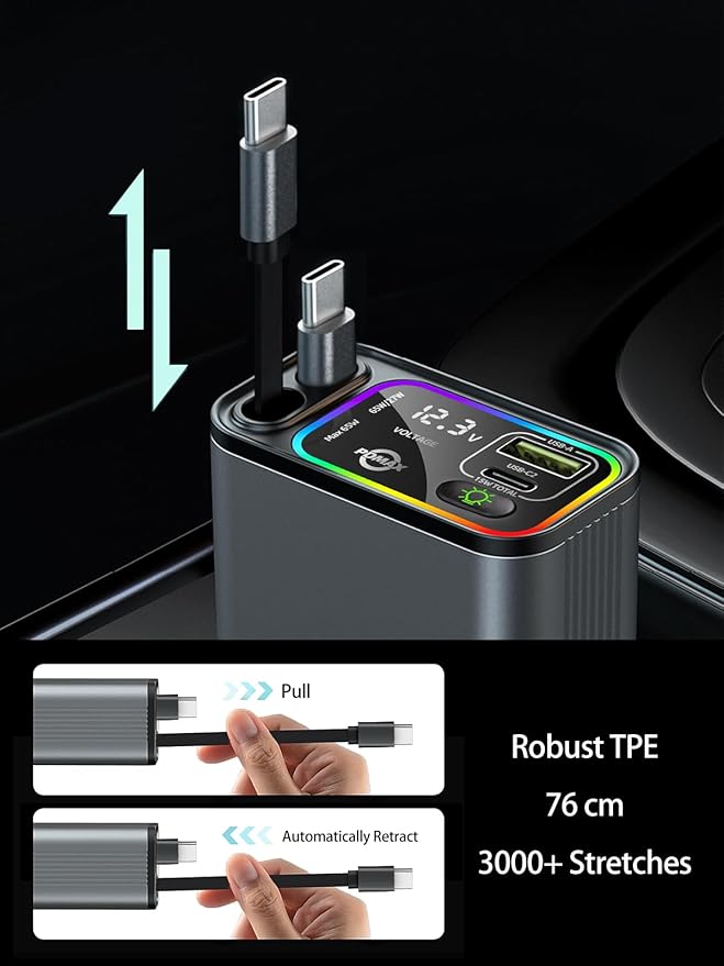Retractable Car Charger USB C,145W Type C Car Charger Fast Charging with Dual Retractable USB C Cable and USB Ports, Compatible with iPhone 16/15,S25/24/23/22, Pixel 9/8/7