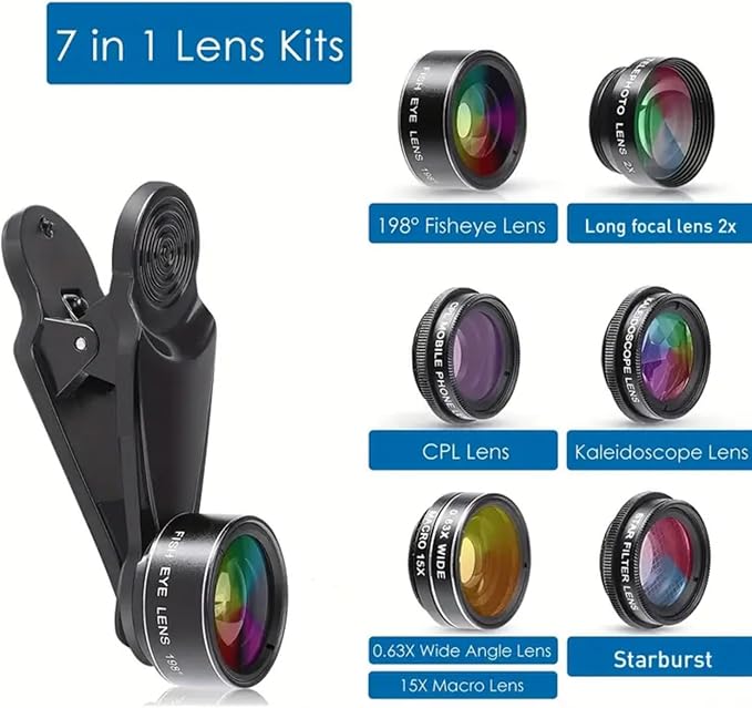 Universal 7-in-1 Mobile Phone Camera Lens Kit, Funny Cell Phone Lens for iPhone, for Samsung, for Android Smartphone, Universal Clip on Wide Angle+Macro+ Fish Eye Camera Lenses attachments Accessory