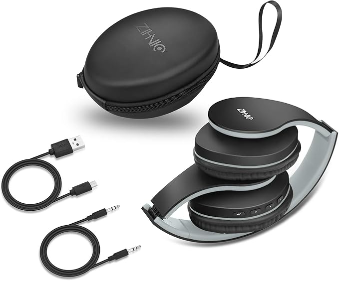 ZIHNIC Bluetooth Headphones Over-Ear, Foldable Wireless and Wired Stereo Headset Micro SD/TF, FM for Cell Phone,PC,Soft Earmuffs &Light Weight for Prolonged Wearing(Black/Gray)